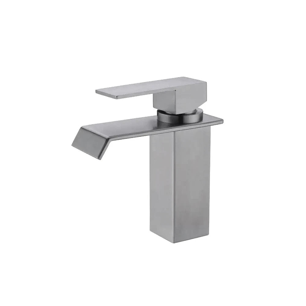 Brushed Nickel single-hole bathroom basin faucet, 304 stainless steel, wide square waterfall spout, standard height — SANIKB FYF-01066
