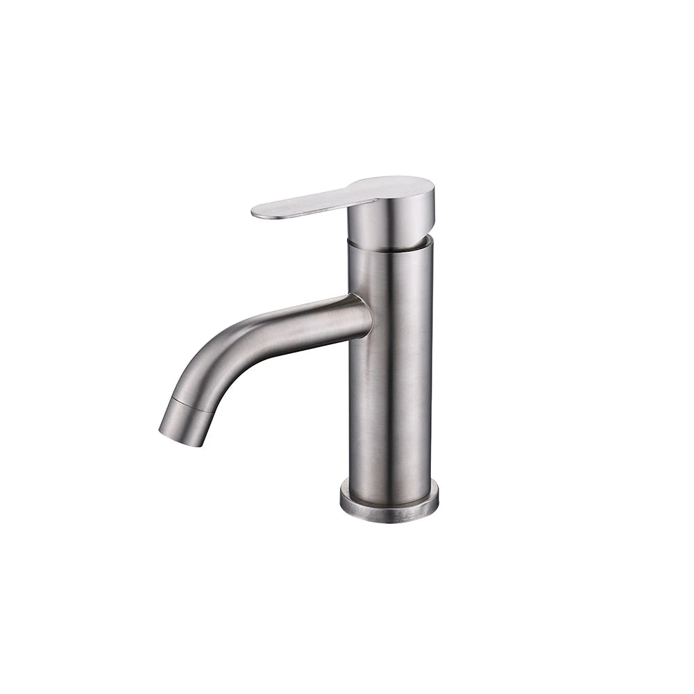 Brushed Nickel single-hole bathroom basin faucet, 304 stainless steel, round cylinder body with a downward-angled spout, standard height — SANIKB FYF-01071