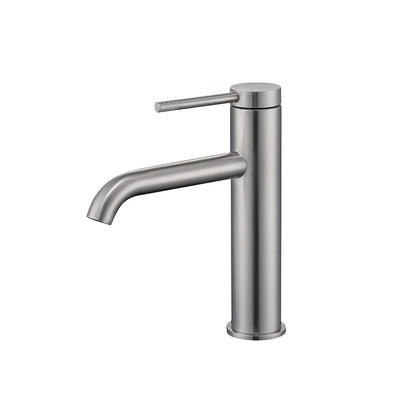 Brushed nickel single-hole bathroom basin faucet, stainless steel, round cylindrical body, straight lever, curved spout, standard height — SANIKB FYF-01079.