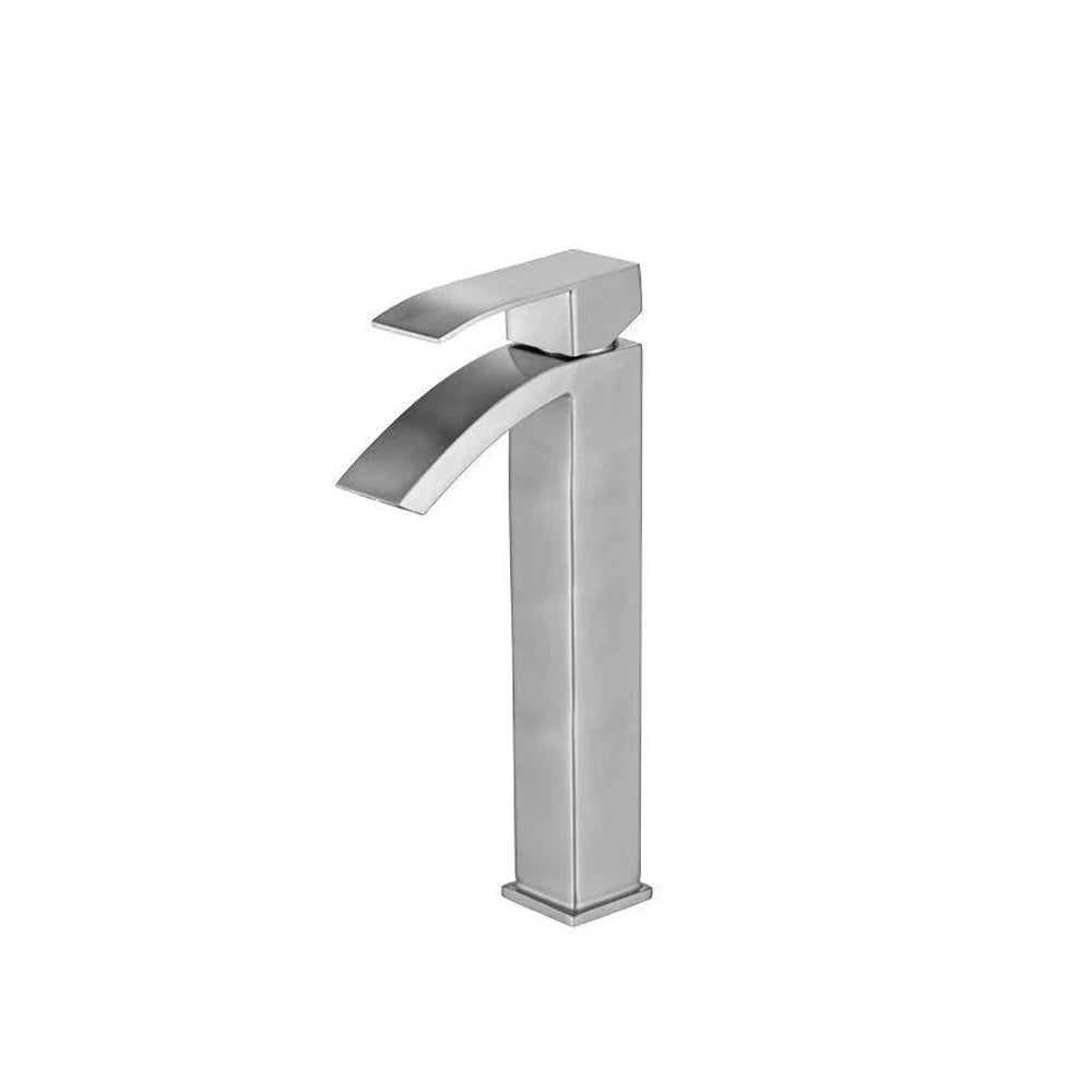 Brushed Nickel single-hole bathroom basin faucet, 304 stainless steel, curved square waterfall spout, tall vessel height — SANIKB FYF-01062