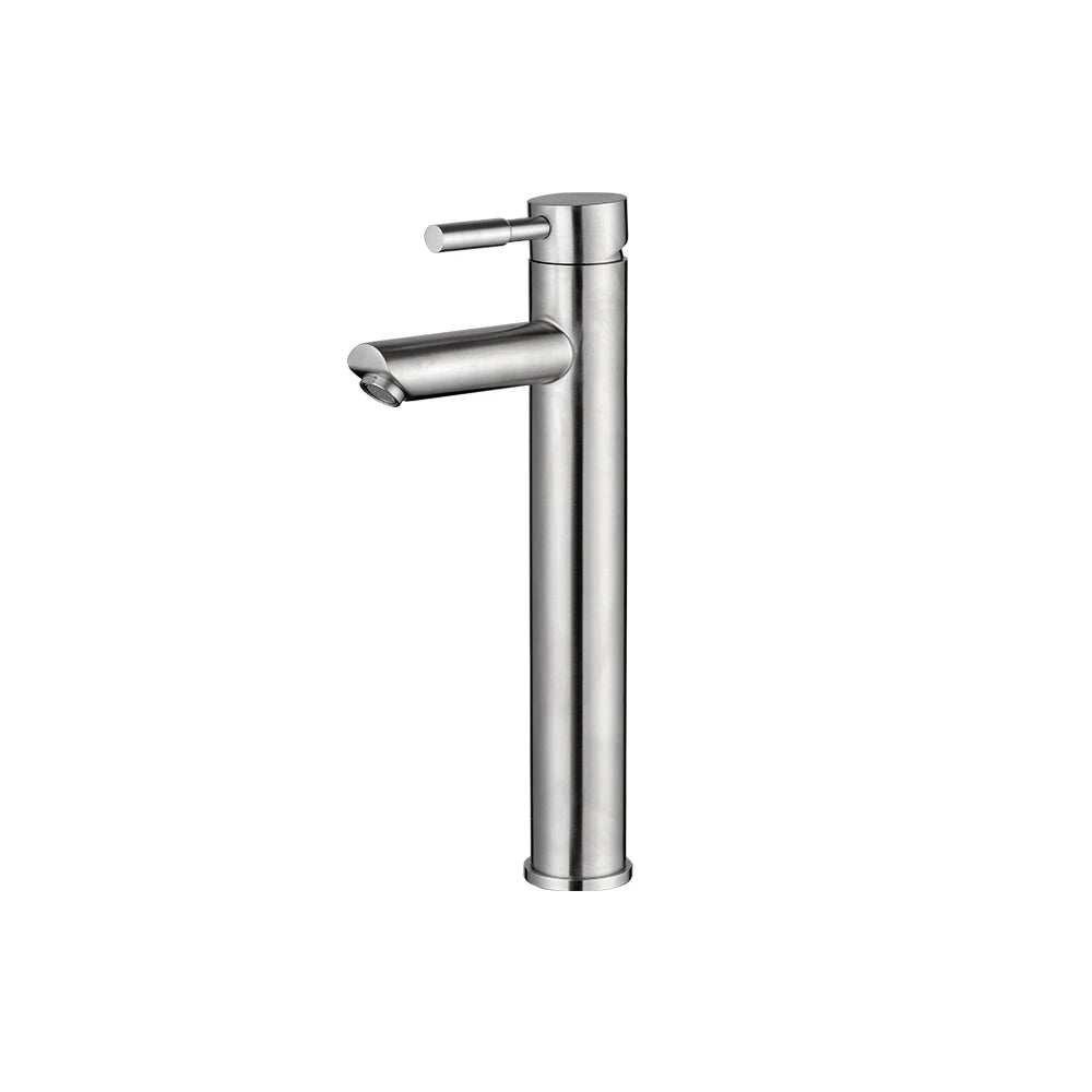 Brushed Nickel single-hole bathroom basin faucet, 304 stainless steel, round cylinder body with pin-lever handle, tall vessel height — SANIKB FYF-01065