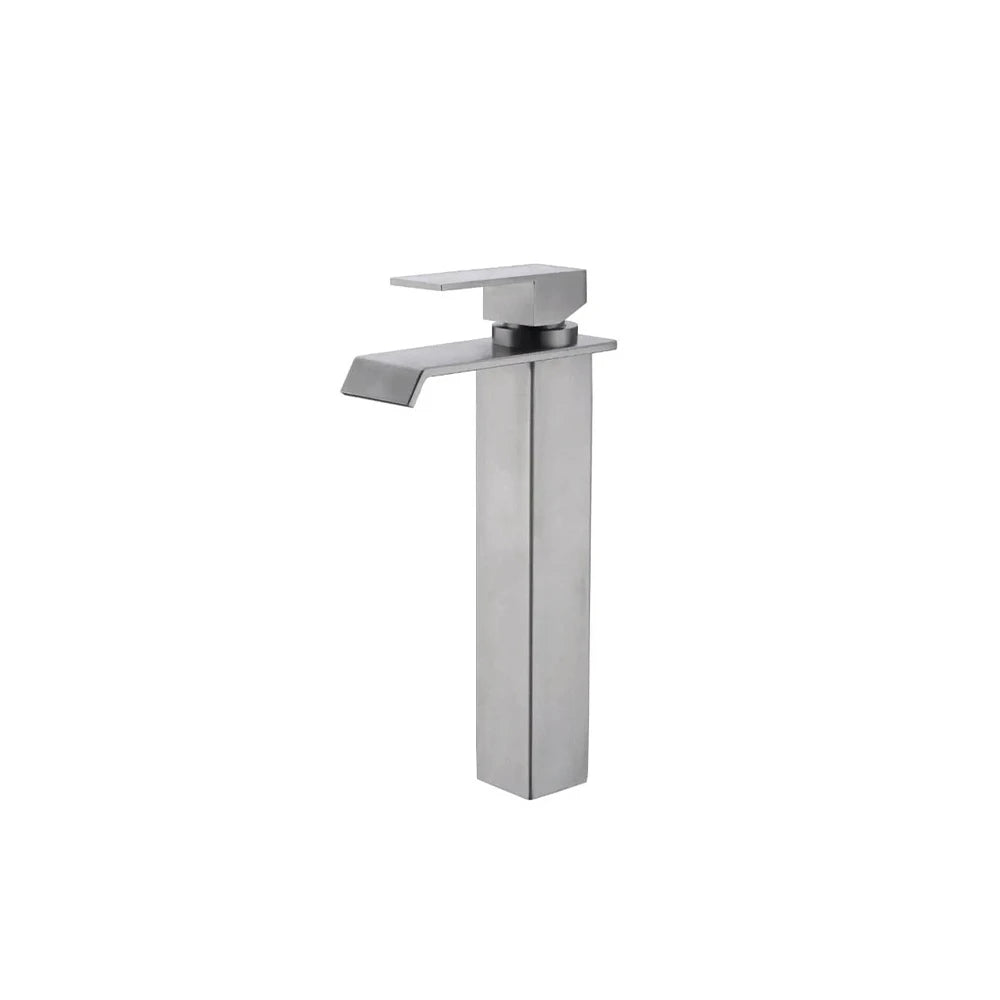 Brushed Nickel single-hole bathroom basin faucet, 304 stainless steel, wide square waterfall spout, tall vessel height — SANIKB FYF-01066