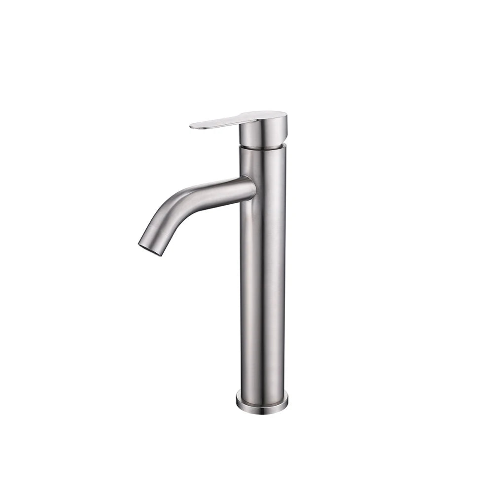 Brushed Nickel single-hole bathroom basin faucet, 304 stainless steel, round cylinder body with a downward-angled spout, tall vessel height — SANIKB FYF-01071