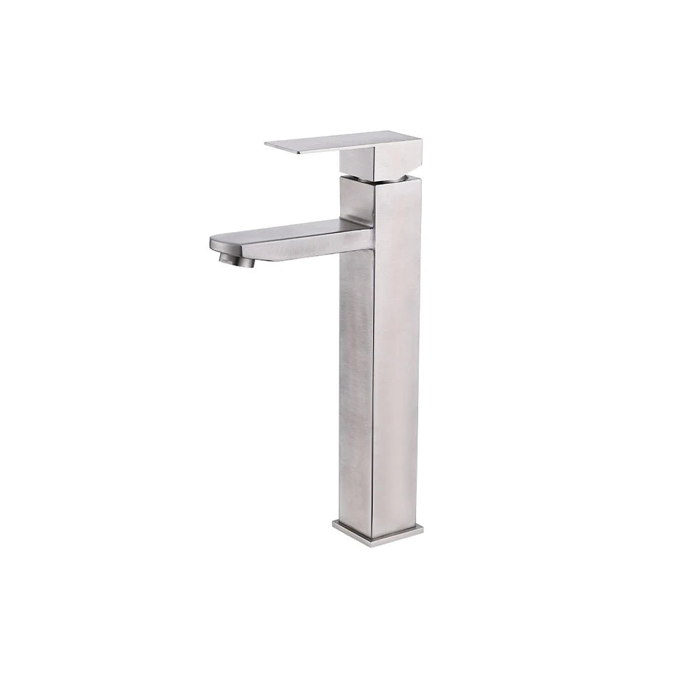 Brushed Nickel single-hole bathroom basin faucet, 304 stainless steel, slim square body with a flat blade spout, tall vessel height — SANIKB FYF-01072