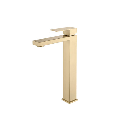 Brushed nickel tall vessel basin faucet, single hole, stainless steel, square angular body and flat spout — SANIKB FYF-01075.