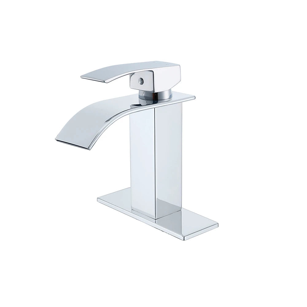 Chrome single-hole bathroom basin faucet, 304 stainless steel, wide fan-shaped waterfall spout, standard height — SANIKB FYF-01063