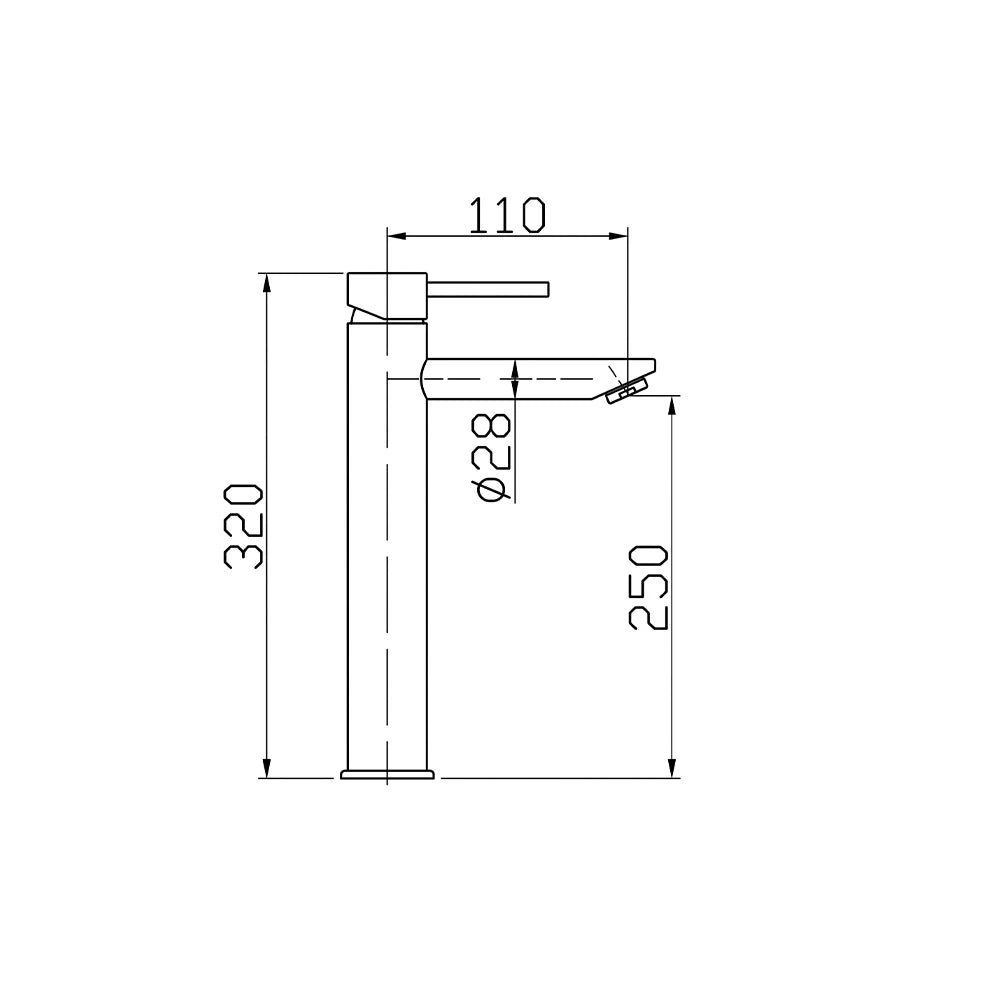 Dimensioned spec drawing for SANIKB FYF-01065 single-hole bathroom basin faucet, 304 stainless steel, tall vessel height