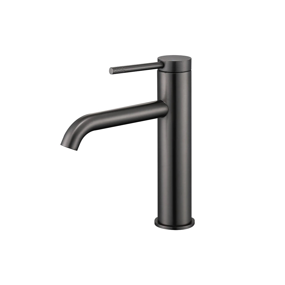 Matte black single-hole bathroom basin faucet, stainless steel, round body, straight lever, curved spout, standard height — SANIKB FYF-01079.