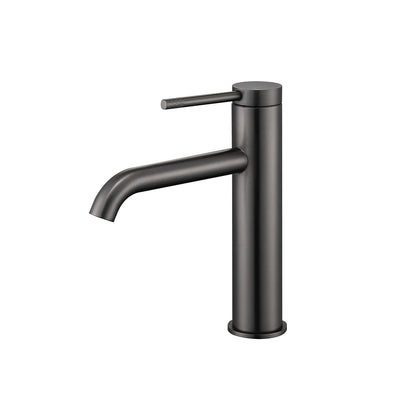 Matte black single-hole bathroom basin faucet, stainless steel, round body, straight lever, curved spout, standard height — SANIKB FYF-01079.