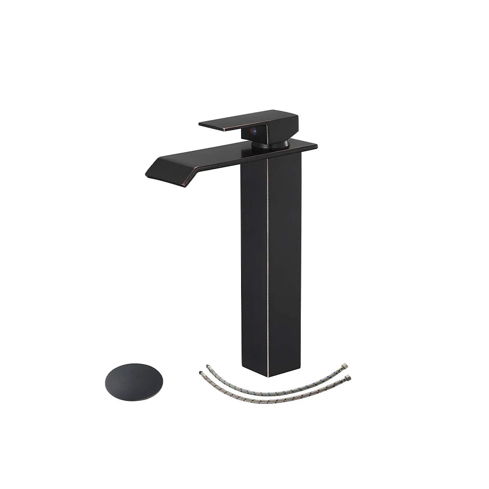 Matte Black single-hole bathroom basin faucet, 304 stainless steel, wide square waterfall spout, tall vessel height — SANIKB FYF-01066