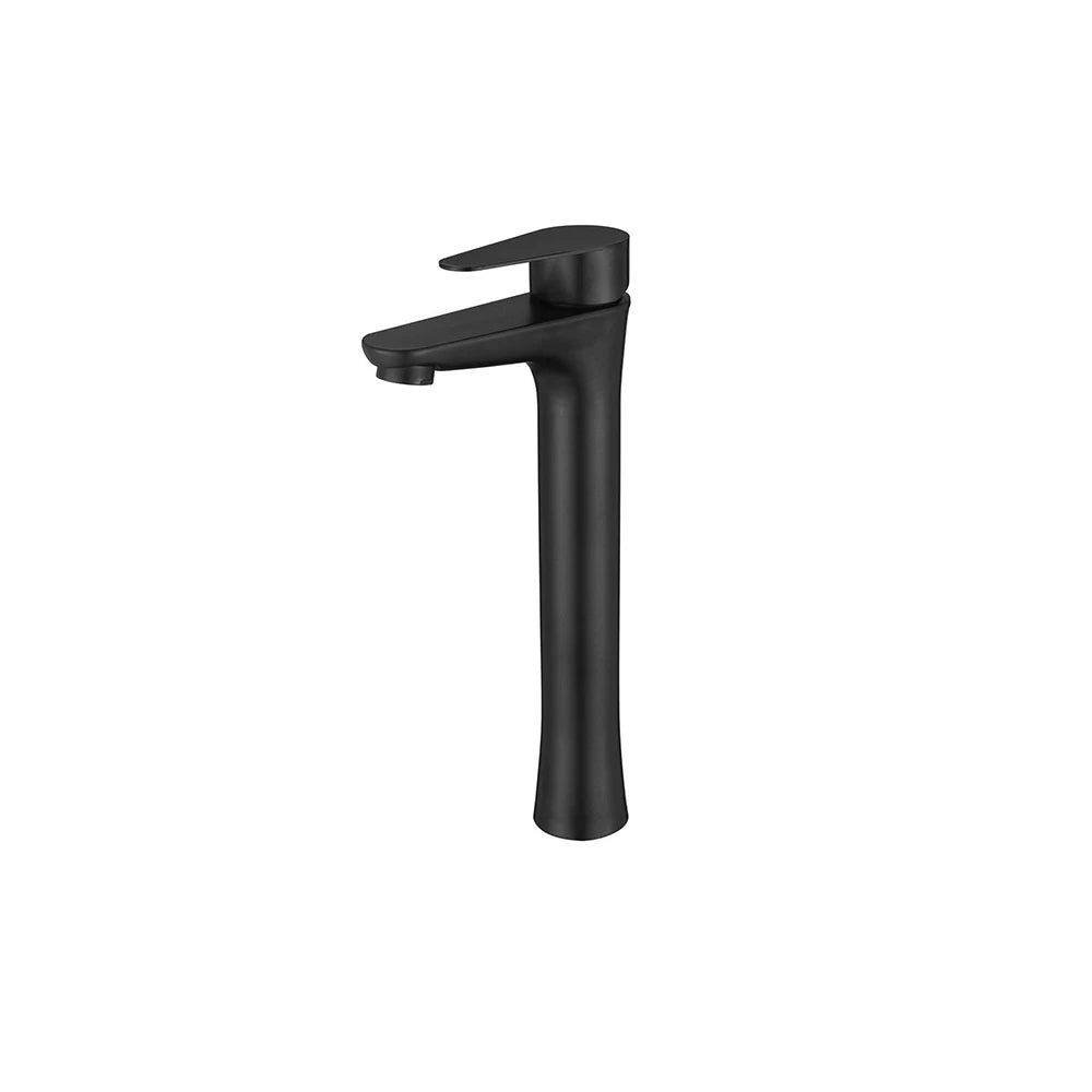 Matte Black single-hole bathroom basin faucet, 304 stainless steel, contoured round body with soft flat lever, tall vessel height — SANIKB FYF-01067