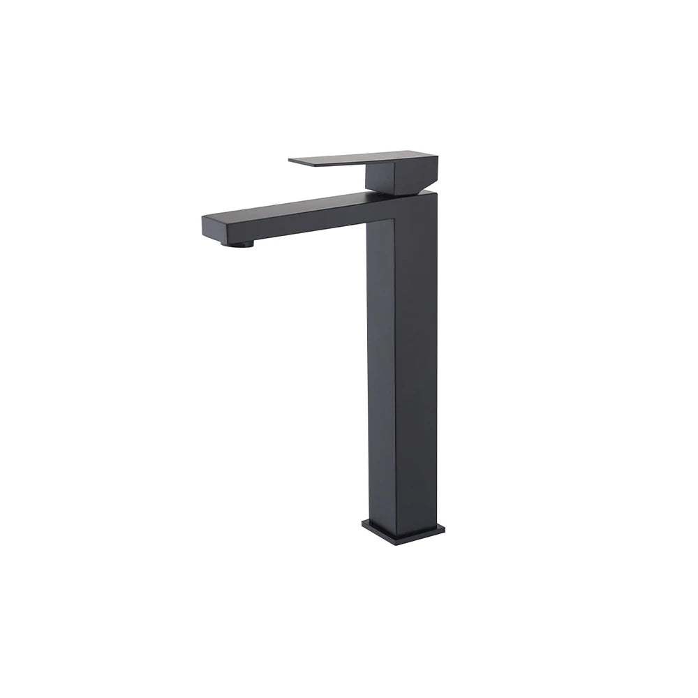 Matte black tall vessel basin faucet, single hole, stainless steel, square body, slim lever — SANIKB FYF-01075.