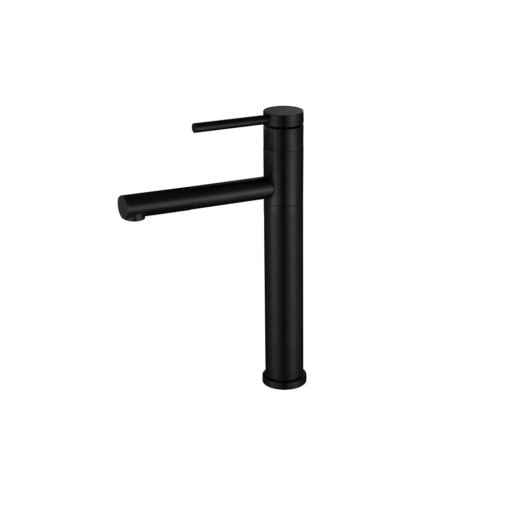 Matte Black single-hole bathroom basin faucet, 304 stainless steel, round body with a pull-out extending spout, tall vessel height — SANIKB FYF-01077
