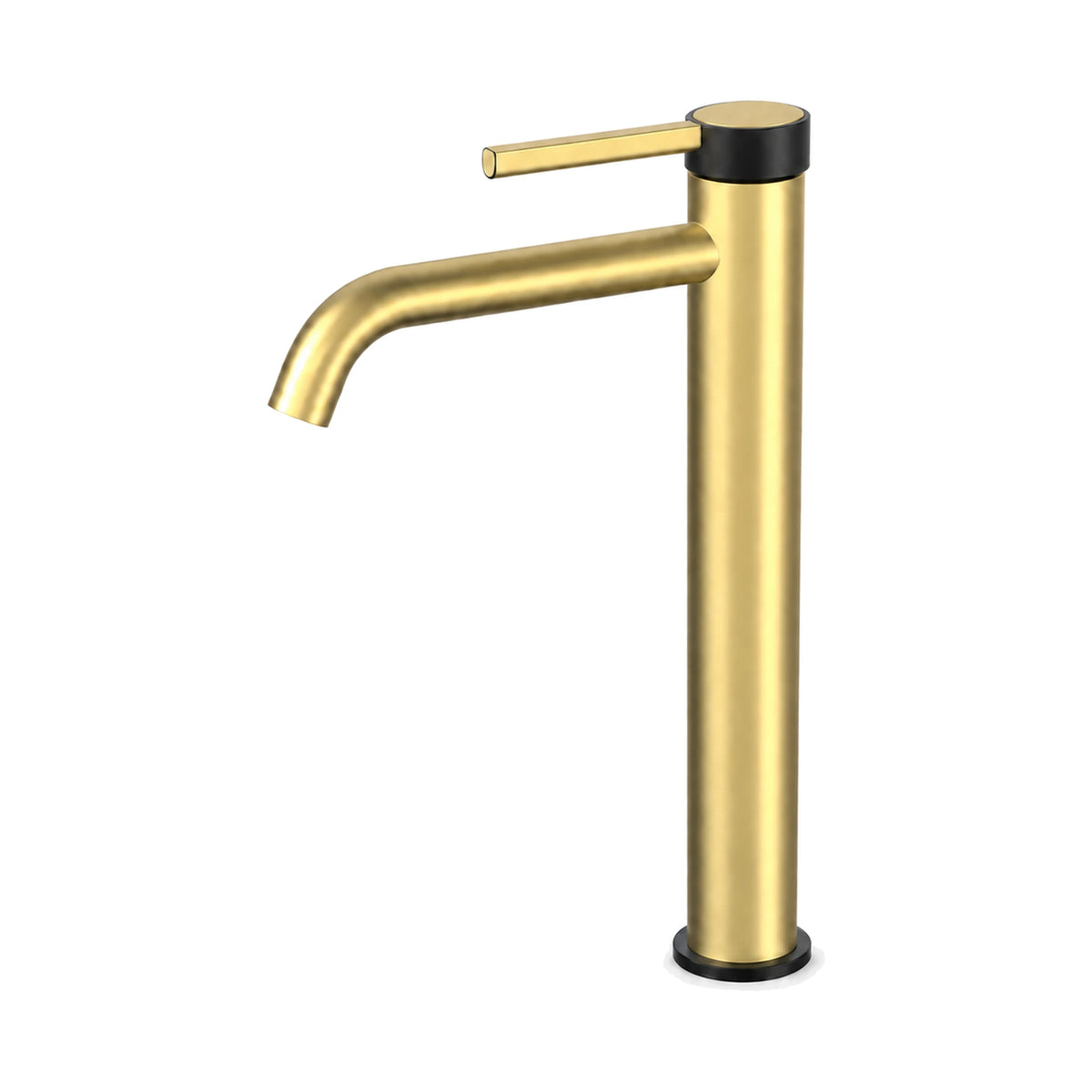 Brushed gold single hole bathroom faucet with black knurled top ring, black base ring and curved spout, tall vessel height — SANIKB B1025 02 47 2