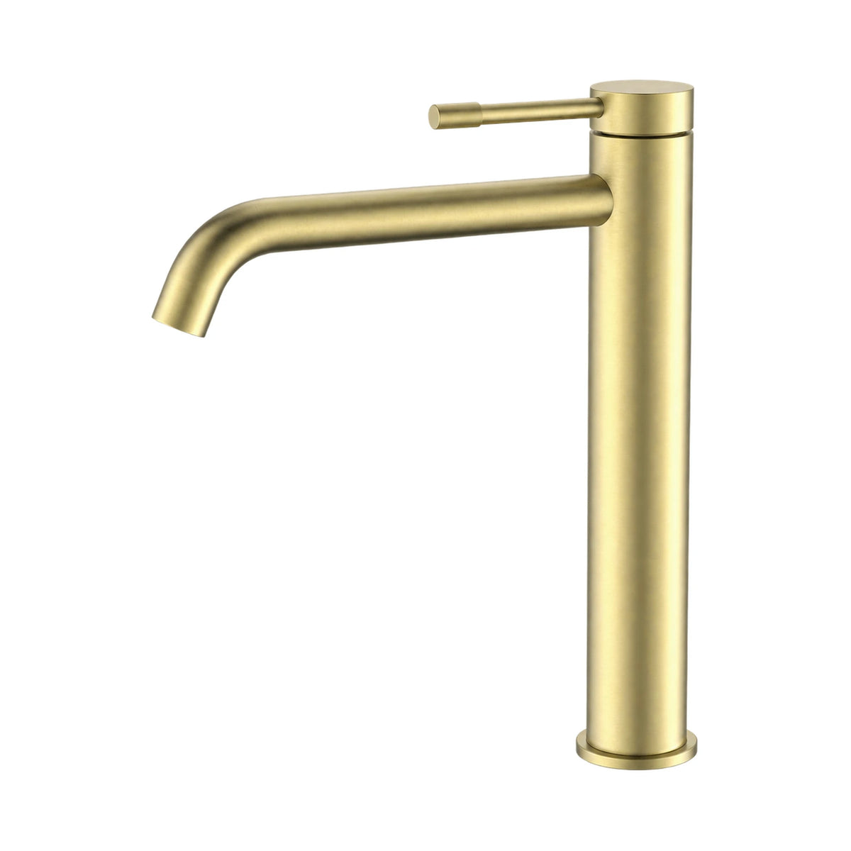 Brushed gold single hole bathroom faucet with J-curved tube spout and slim knurled-grip pin lever on top, tall vessel height — SANIKB B1010B 02 43 2