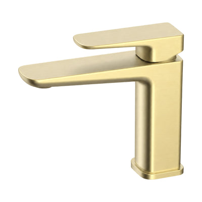 Brushed gold single hole bathroom faucet with rectangular body widening to the base and flat blade spout — SANIKB B1007 01 43 1