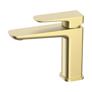 Brushed gold single hole bathroom faucet with rectangular body widening to the base and flat blade spout — SANIKB B1007 01 43 1