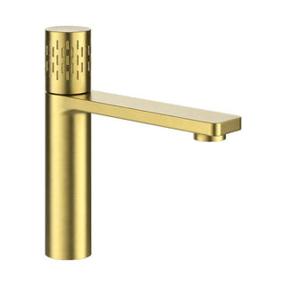 Brushed gold single hole bathroom faucet with dimple-studded top knob and long flat rectangular spout — SANIKB B056C 01 43 1