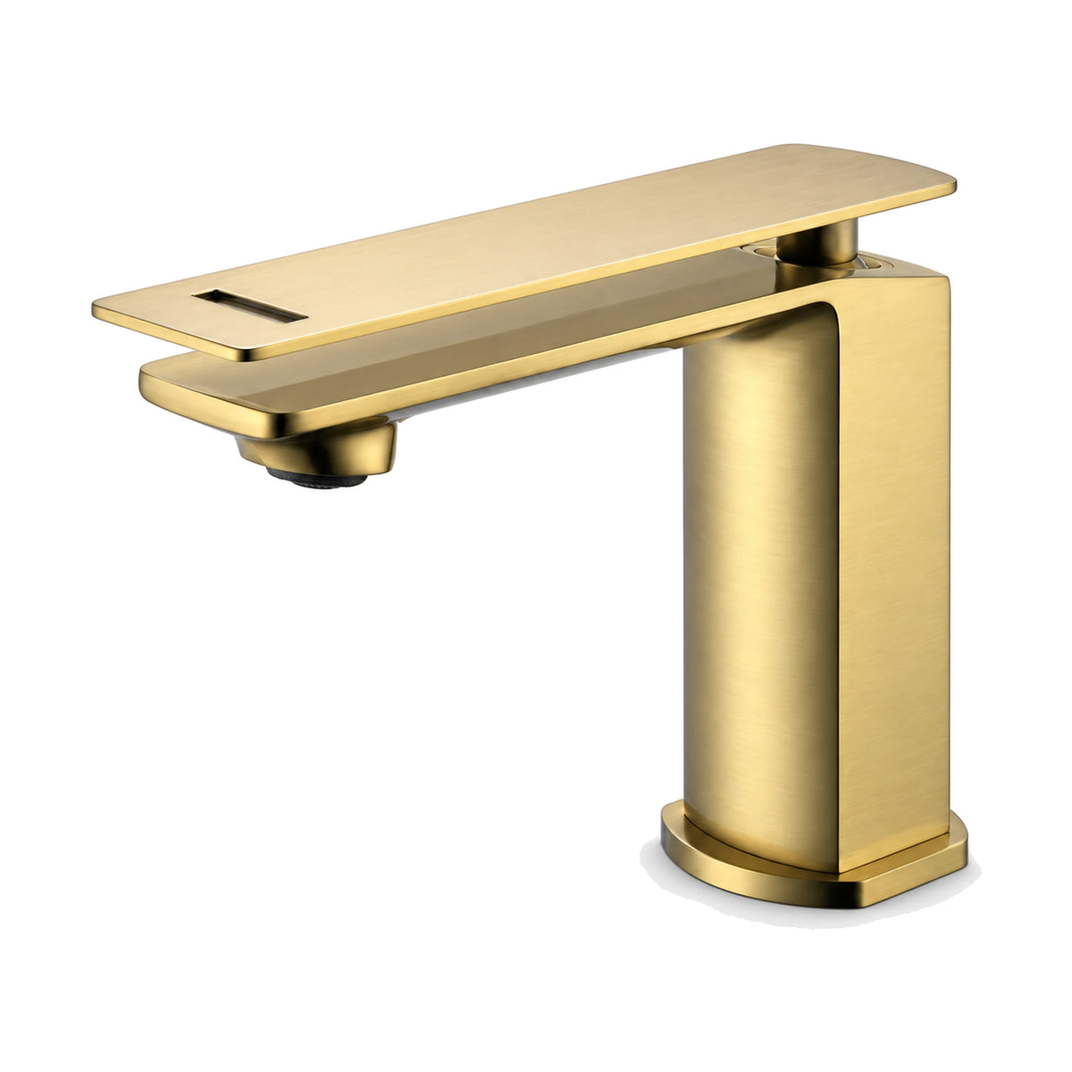 Matte black rectangular column bathroom faucet with thin plate spout and slotted flat plate lever above it — SANIKB DL-01 130-LSJ