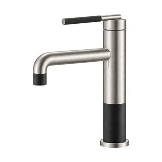 Two-tone single hole bathroom faucet, brushed nickel top, matte black bottom sleeve, black-tipped spout — SANIKB B743 01 63 2