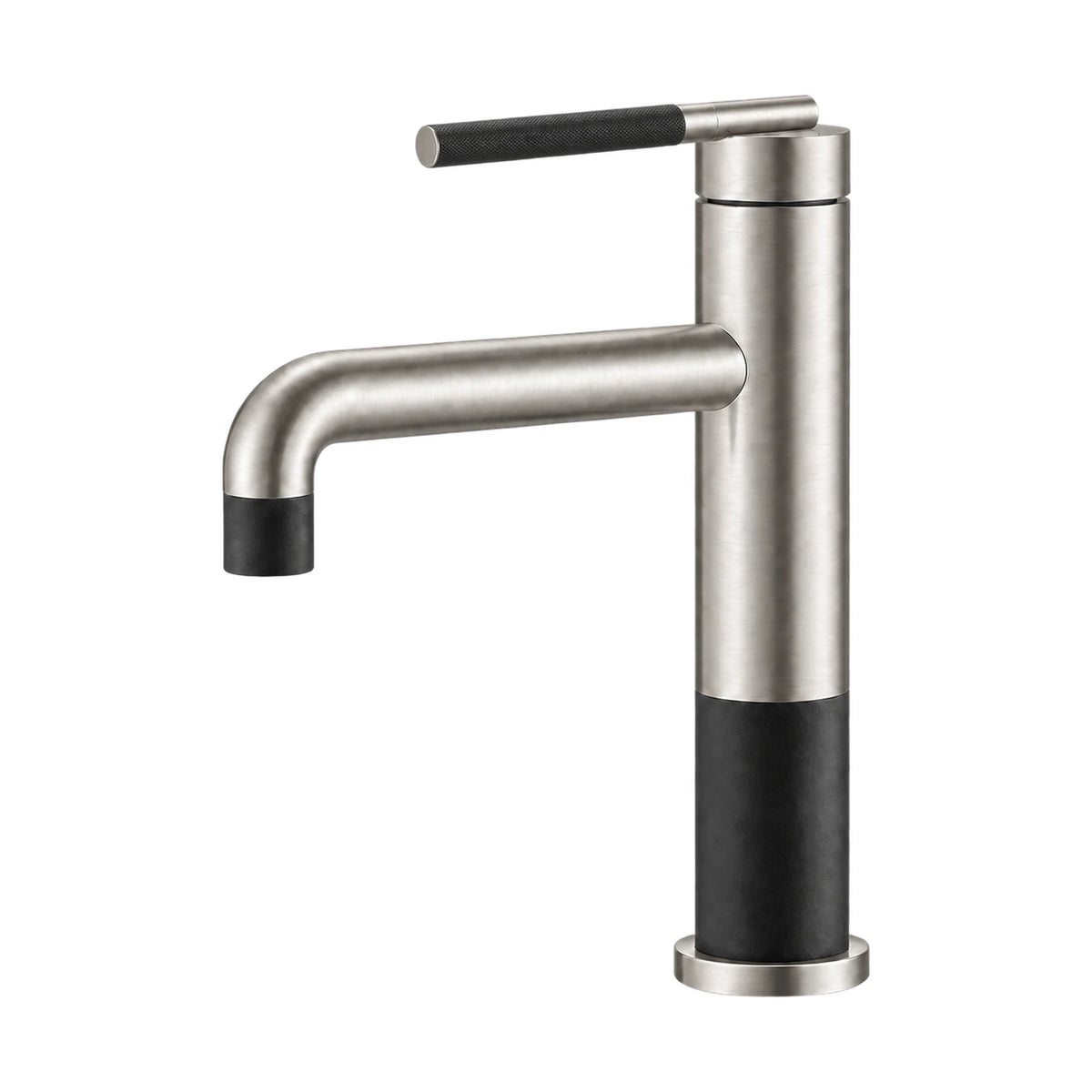 Two-tone single hole bathroom faucet, brushed nickel top, matte black bottom sleeve, black-tipped spout — SANIKB B743 01 63 2