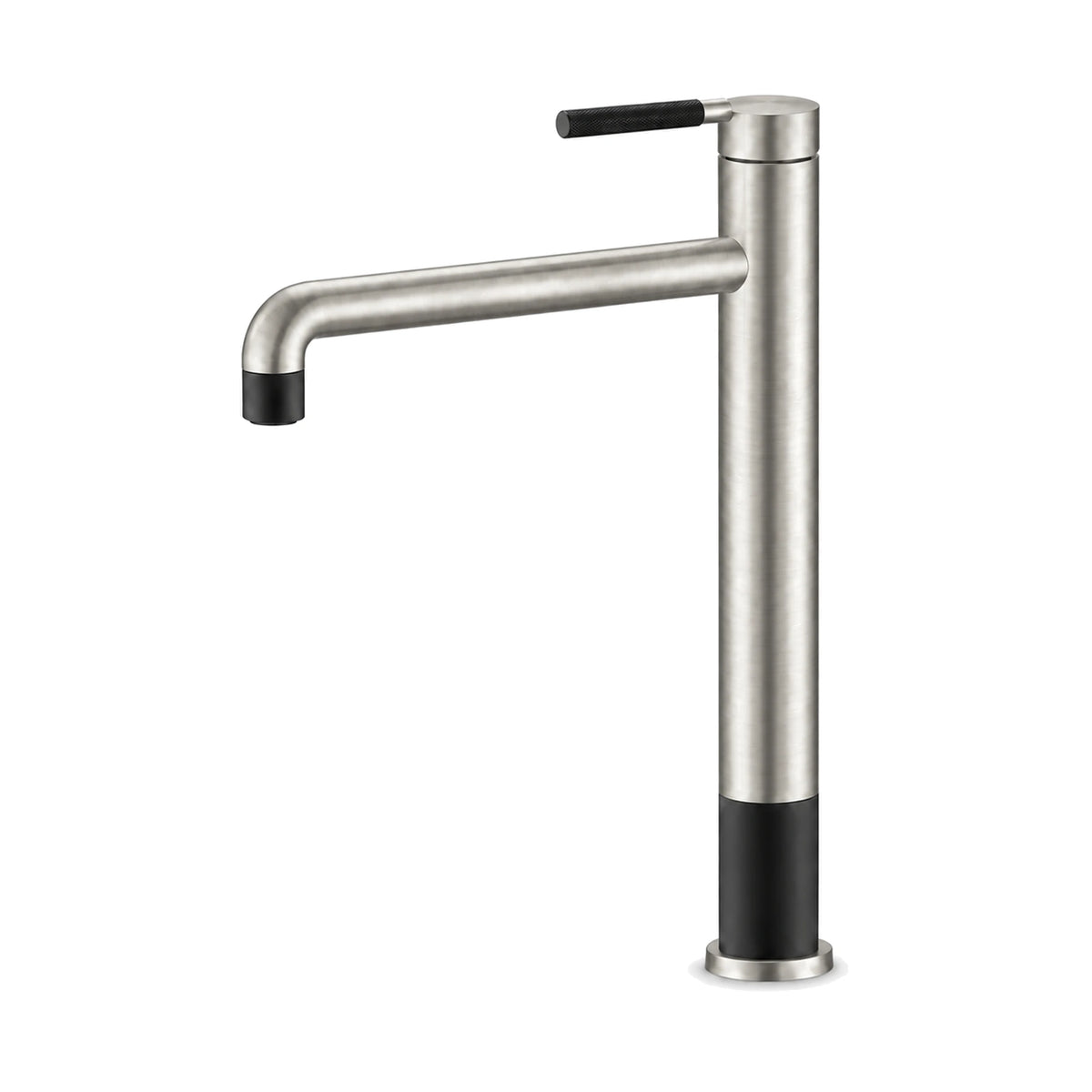 Two-tone single hole bathroom faucet, brushed nickel top, matte black bottom sleeve, black-tipped spout, tall vessel height — SANIKB B743 02 63 2