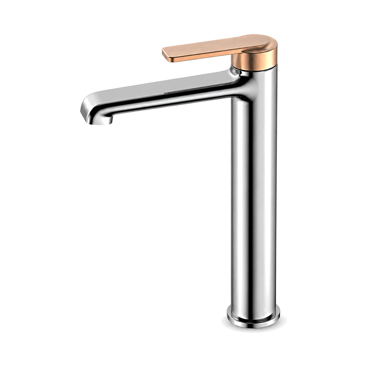 Chrome single hole bathroom faucet with rose gold top cap, rose gold flat lever and curved tube spout, tall vessel height — SANIKB B076C 02 74 1