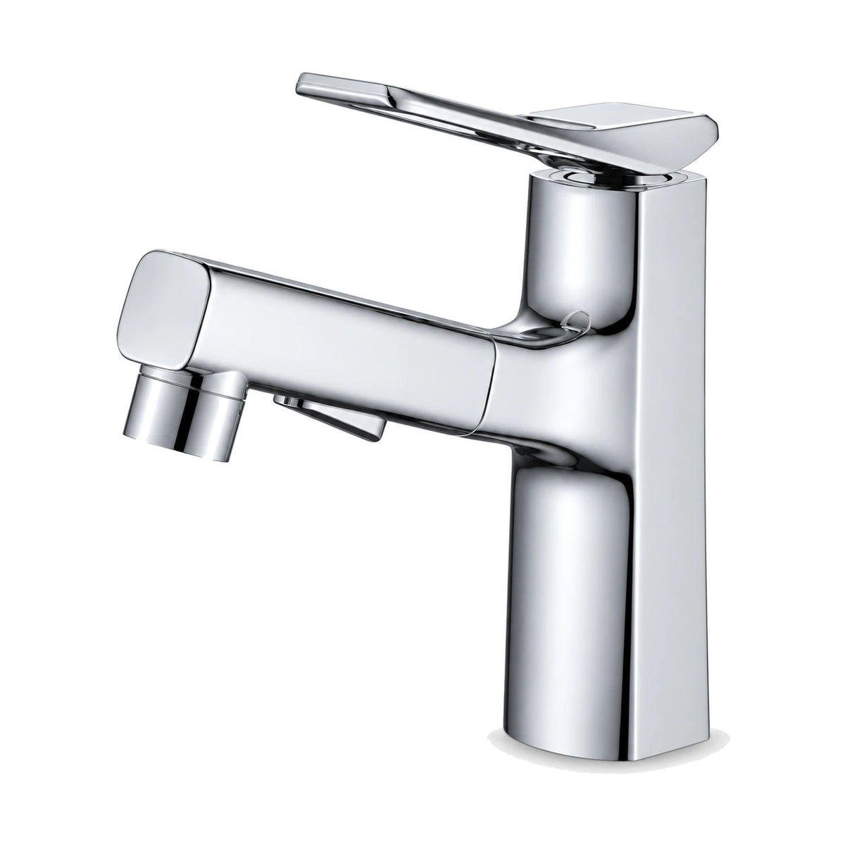 Chrome — Matte black single hole bathroom faucet with pull-out spray head, tapered square body and open frame lever — SANIKB DL-01 136-CP