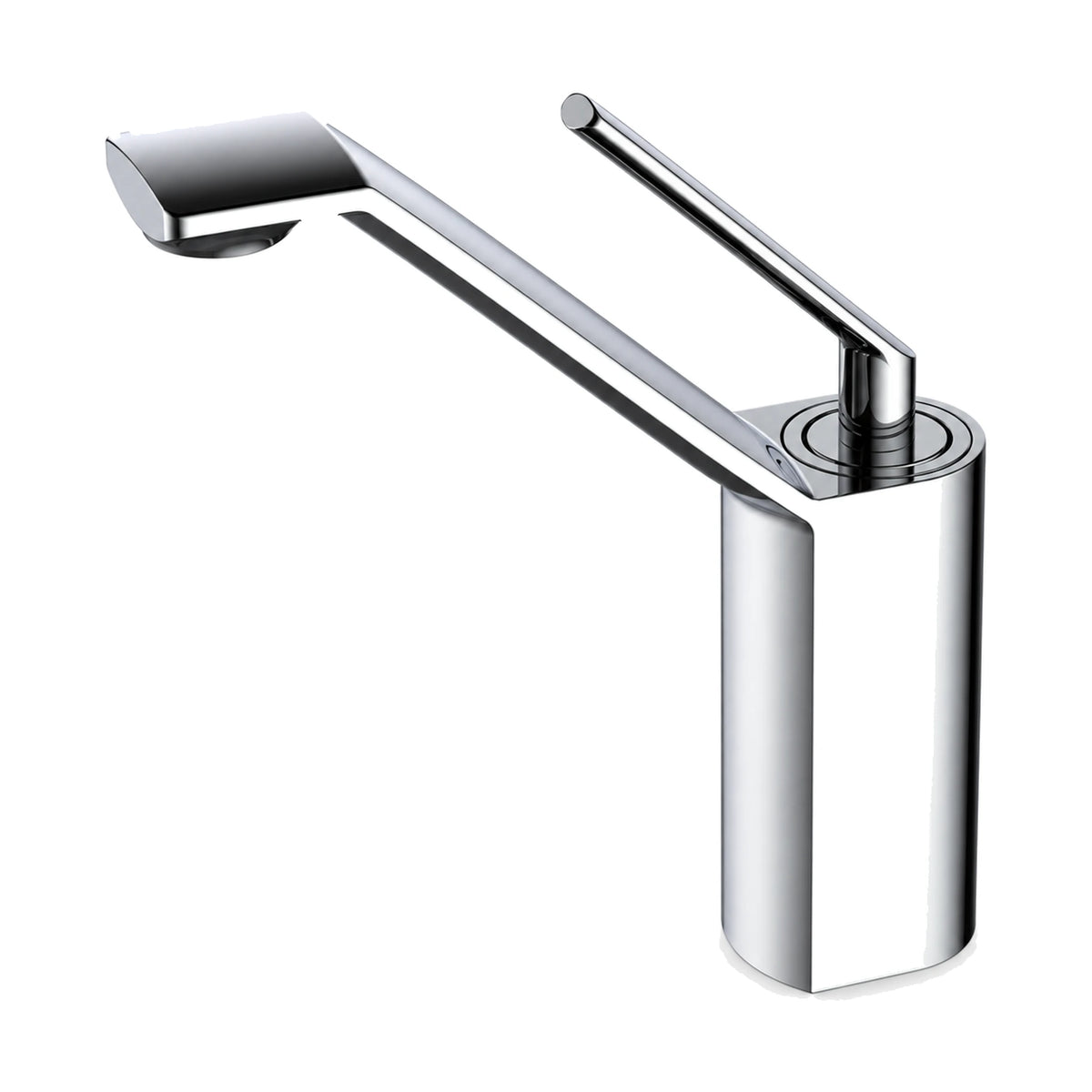Chrome — Matte black single hole bathroom faucet with long slanted arm, flat outlet head and thin angled pin lever, tall vessel height — SANIKB DL-01 627-CP