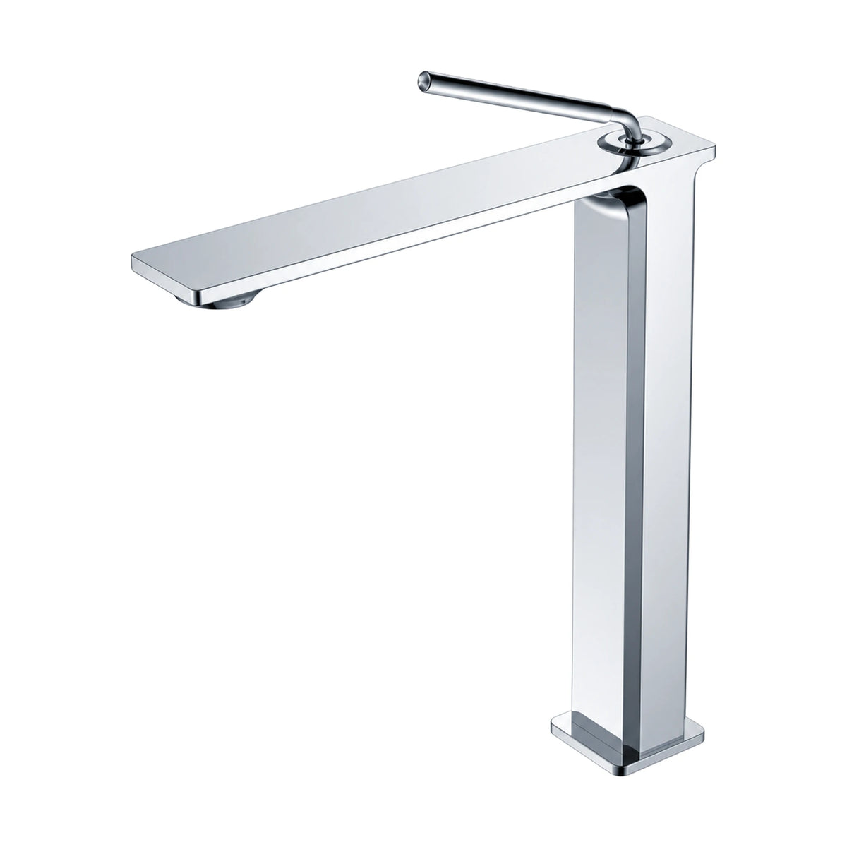 Chrome — Matte black rectangular column bathroom faucet with wide flat plate spout on top and thin rod pin lever, tall vessel height — SANIKB DL-01 632-CP
