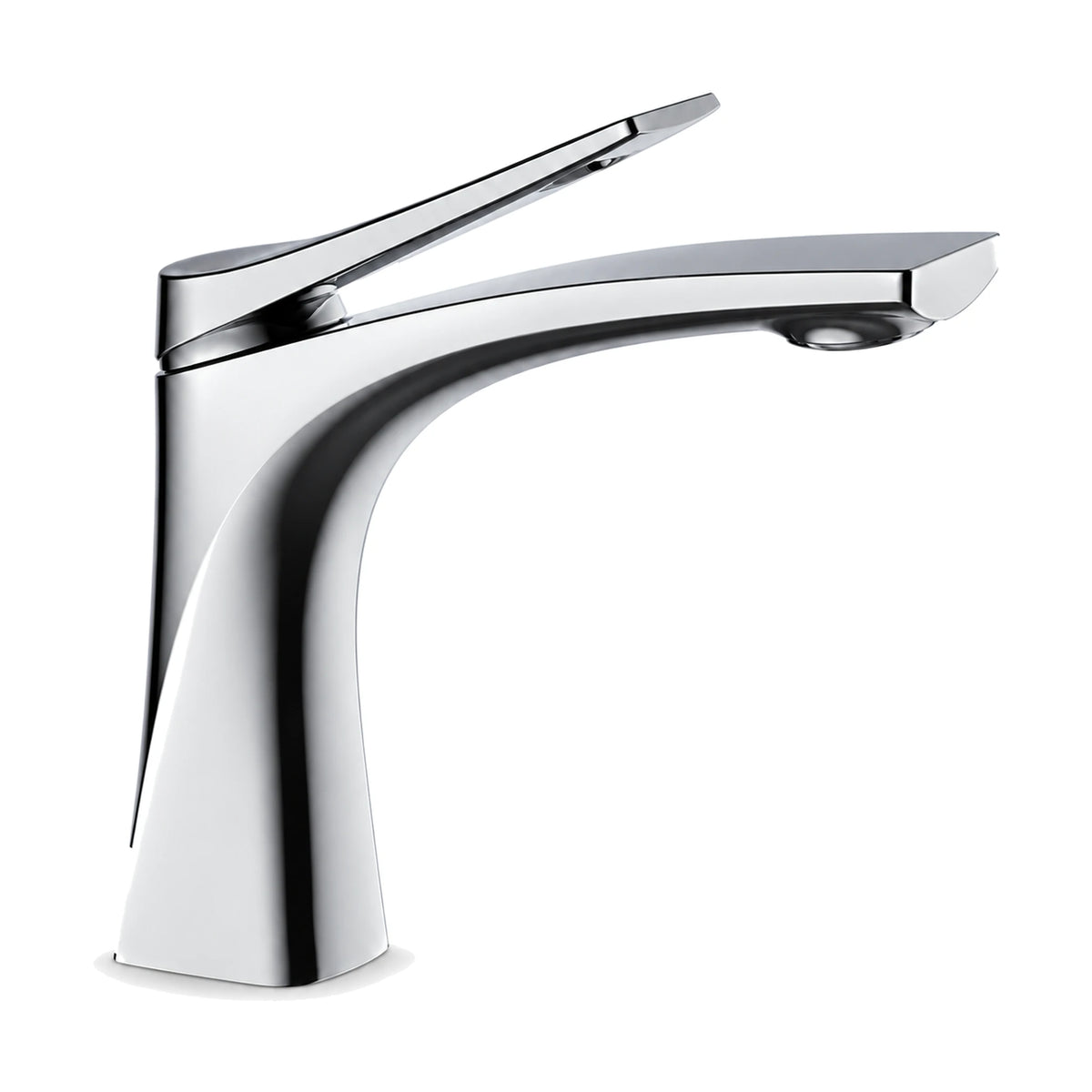 Chrome — Matte black sculpted bathroom faucet with body flaring at the base and arcing into a flat tapered spout — SANIKB DL-01 117-CP