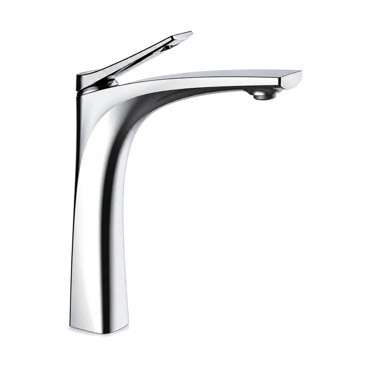 Chrome — Matte black sculpted bathroom faucet with body flaring at the base and arcing into a flat tapered spout, tall vessel height — SANIKB DL-01 116-CP