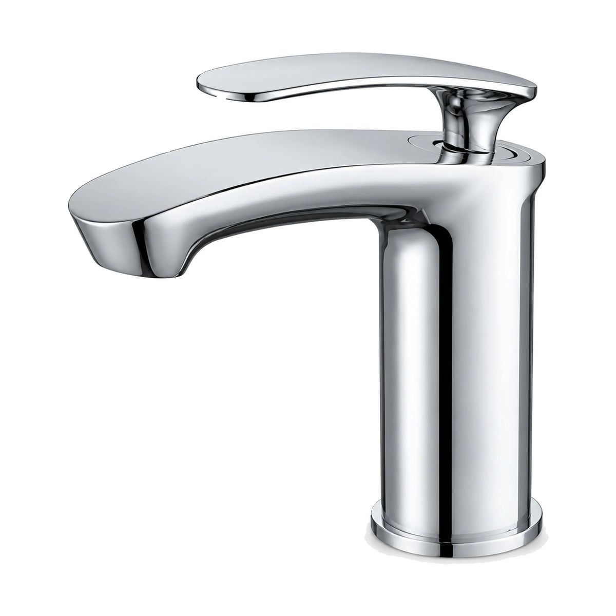 Matte black tall round column bathroom faucet with wide flat downward-curving spout and oval paddle lever — SANIKB DL-01 010-CP