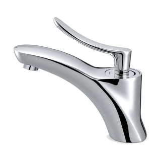 Chrome low sculpted bathroom faucet with long curved spout and slender curved lever rising from a round cap — SANIKB DL-01 068-CP
