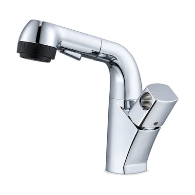 Chrome faceted bathroom faucet with L-shaped pull-out trigger spray head and six-sided side lever — SANIKB DL-01 633-CP