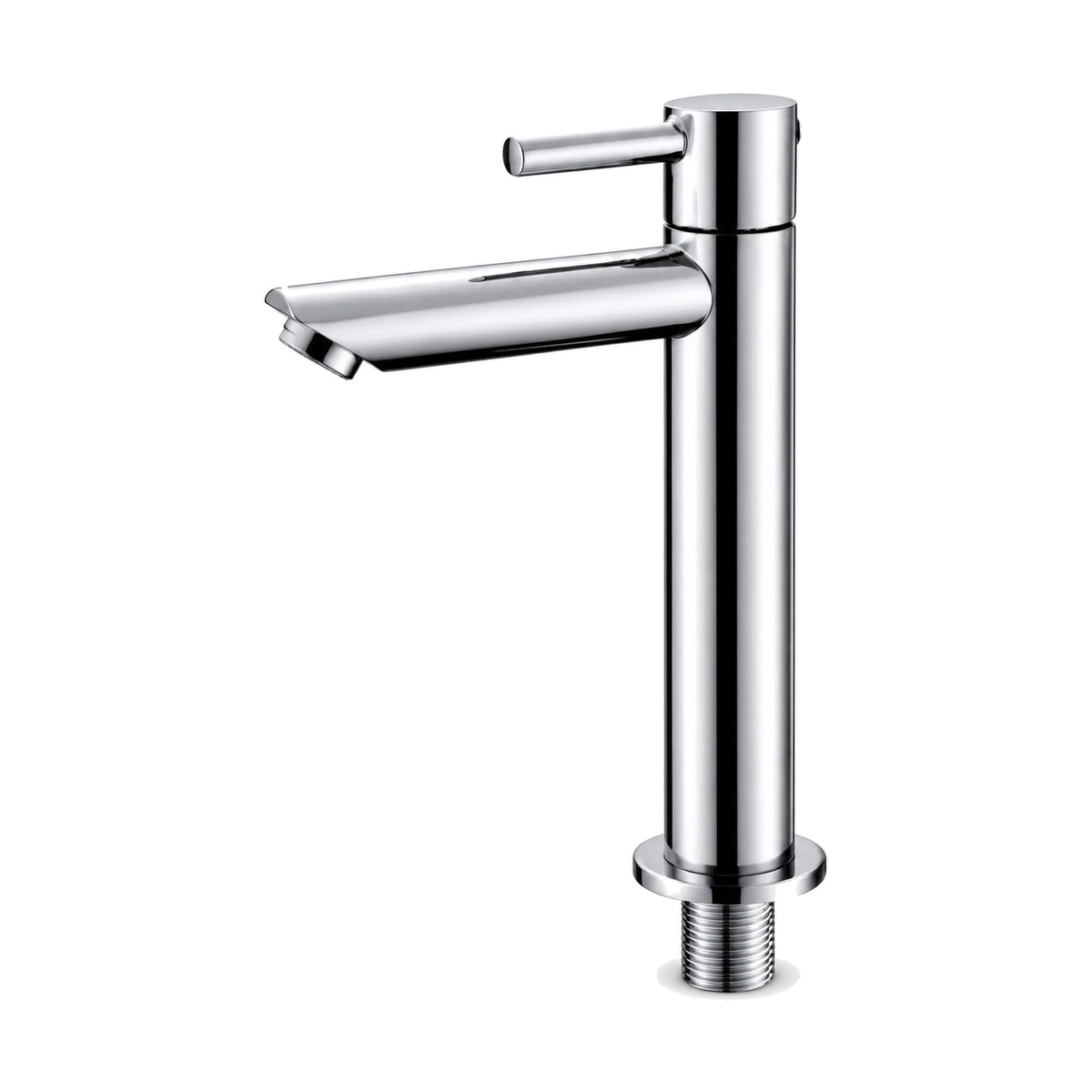 Chrome cold water bathroom faucet with long flat spout, pin lever and flange ring near the base, tall vessel height — SANIKB DL-02 306-CP