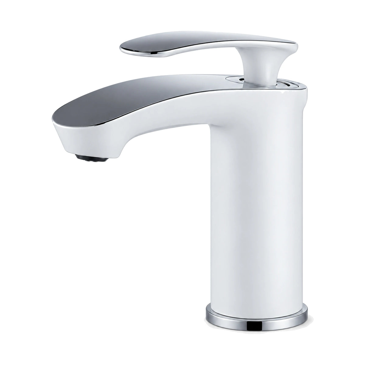 Chrome & White — Matte black tall round column bathroom faucet with wide flat downward-curving spout and oval paddle lever — SANIKB DL-01 010-CW
