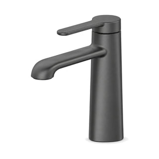 Gun metal grey single hole bathroom faucet, body tapering up from a wide base, down-turned spout — SANIKB B092 01 45 1