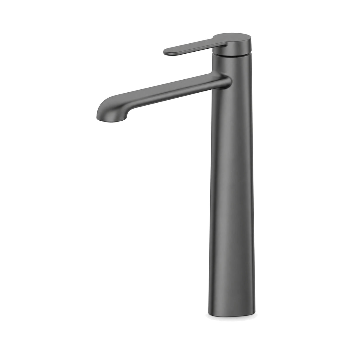 Gun metal grey single hole bathroom faucet, body tapering up from a wide base, down-turned spout, tall vessel height — SANIKB B092 02 45 1