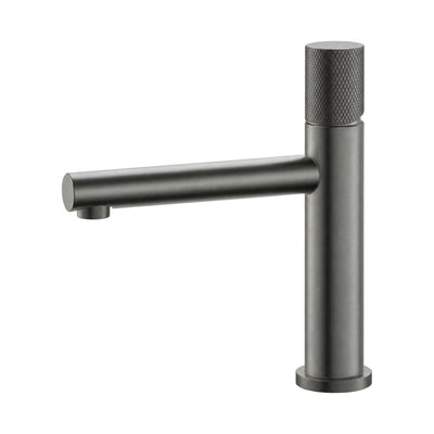 Gun metal grey single hole bathroom faucet with slim body, knurled top control knob and straight tube spout — SANIKB B703B 01 45 2