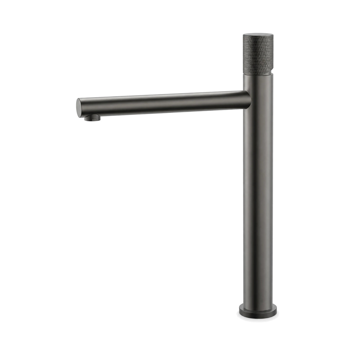 Gun metal grey single hole bathroom faucet with slim body, knurled top control knob and straight tube spout, tall vessel height — SANIKB B703B 02 45 2