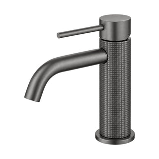 Gun metal grey single hole bathroom faucet with ribbed knurled body, pin lever and C-curved spout — SANIKB B064 01 45 1