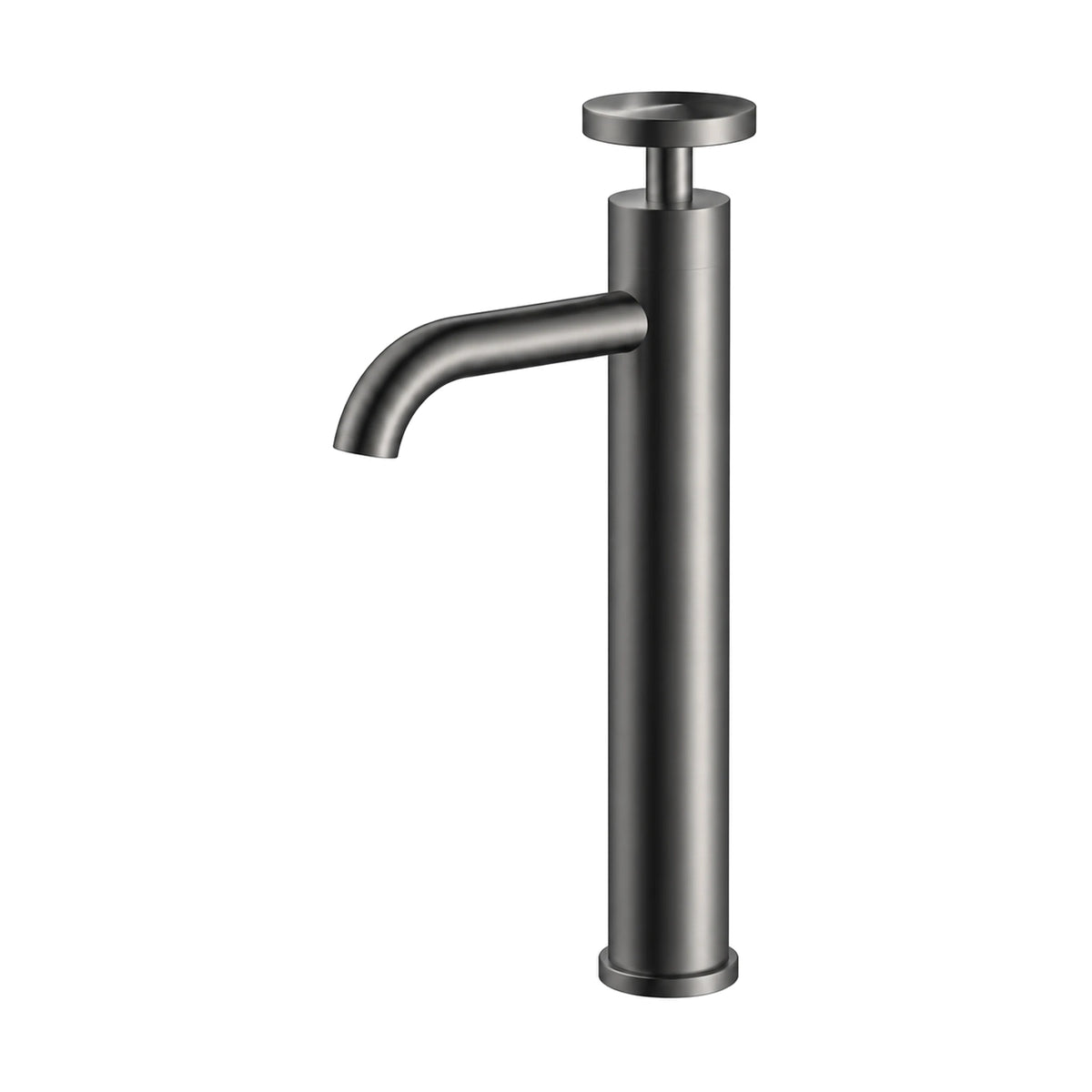 Gun metal grey single hole bathroom faucet with spoked wheel handle, knurled band and curved tube spout, tall vessel height — SANIKB B088 02 45 1