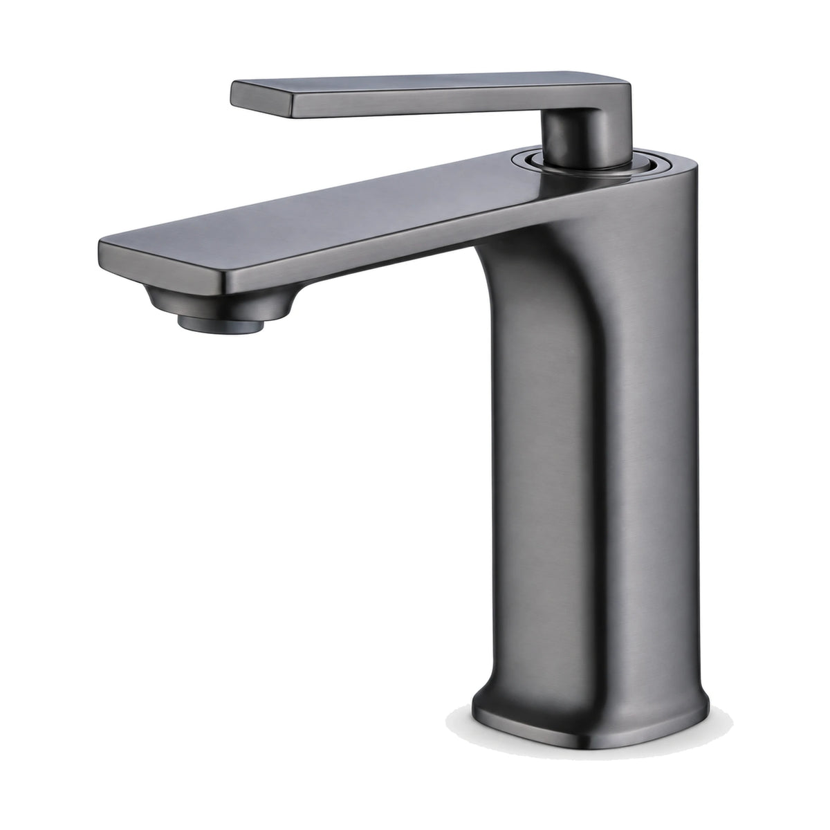 Gun Metal Grey — Matte black and rose gold single hole bathroom faucet with long blade lever on a ring collar and flat spout — SANIKB DL-01 085-QH