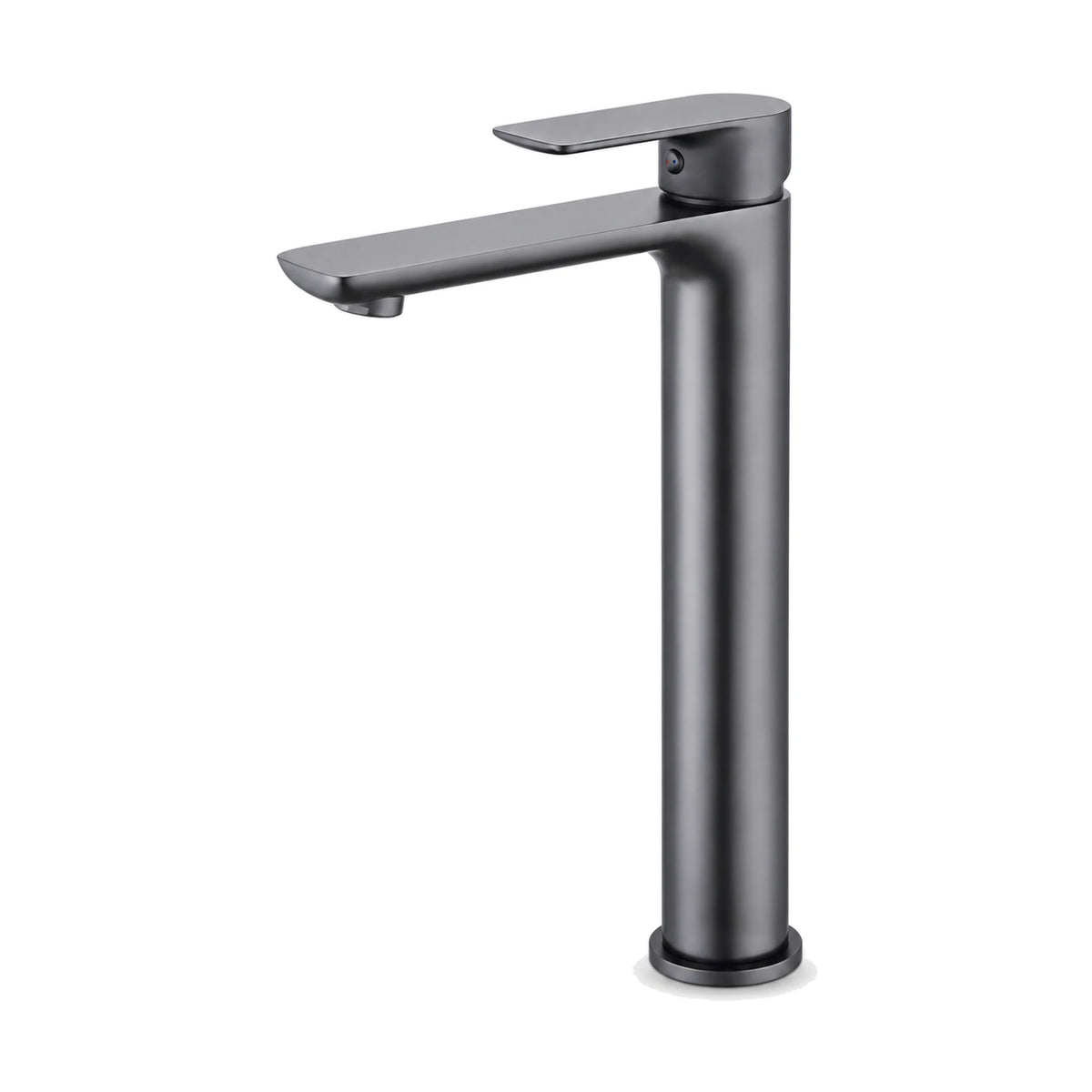 Gun Metal Grey tall round single hole bathroom faucet with flat blade lever and flat angular spout with rounded tip — SANIKB DL-01 069-QH