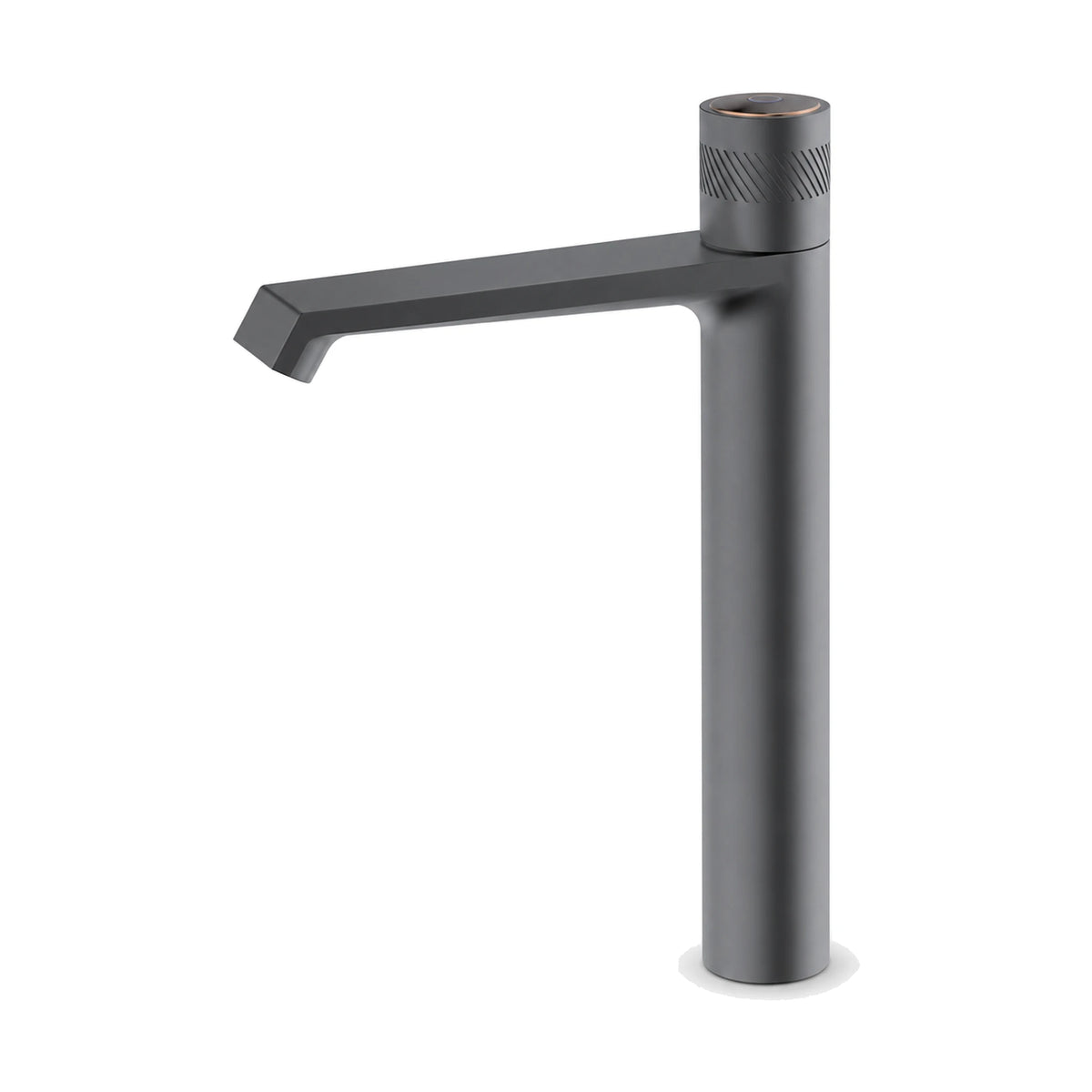 Gun Metal Grey — Matte black tall slim round bathroom faucet with knurled cap handle and angled flat spout — SANIKB DL-01 120-QH
