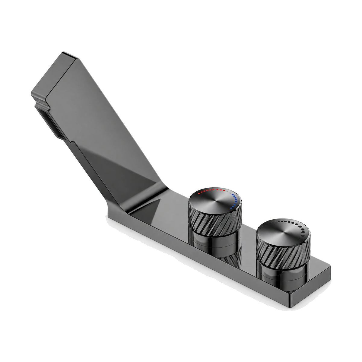 Gun Metal Grey — Matte black rectangular deck plate bathroom faucet with angled flat blade spout and two knurled round knobs — SANIKB DL-01 097-QH
