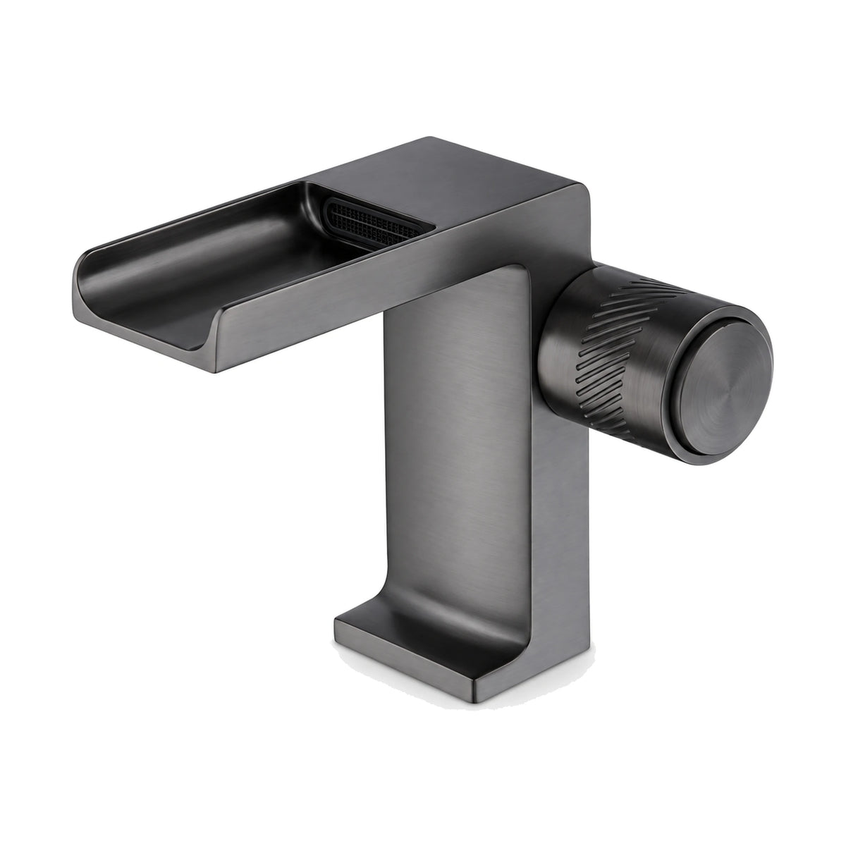 Gun Metal Grey — Chrome square waterfall bathroom faucet with open channel spout, knurled side knob and L-shaped flat foot — SANIKB DL-01 150-QH