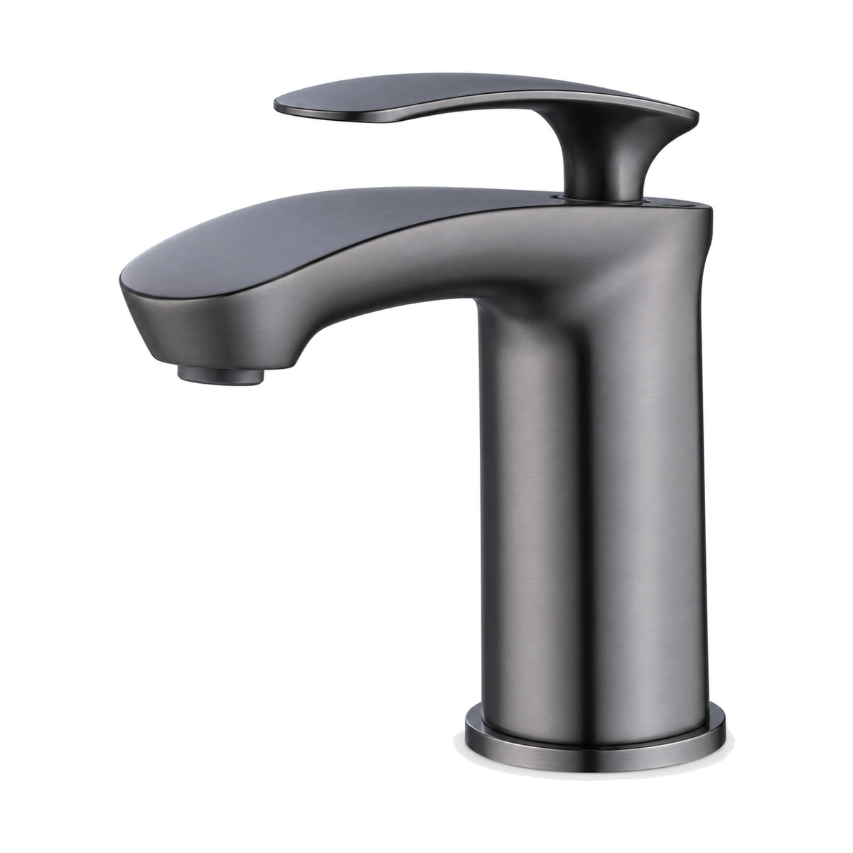 Gun Metal Grey — Matte black tall round column bathroom faucet with wide flat downward-curving spout and oval paddle lever — SANIKB DL-01 010-QH