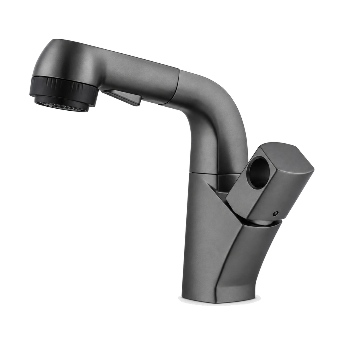 Gun Metal Grey faceted bathroom faucet with L-shaped pull-out trigger spray head and six-sided side lever — SANIKB DL-01 633-QH